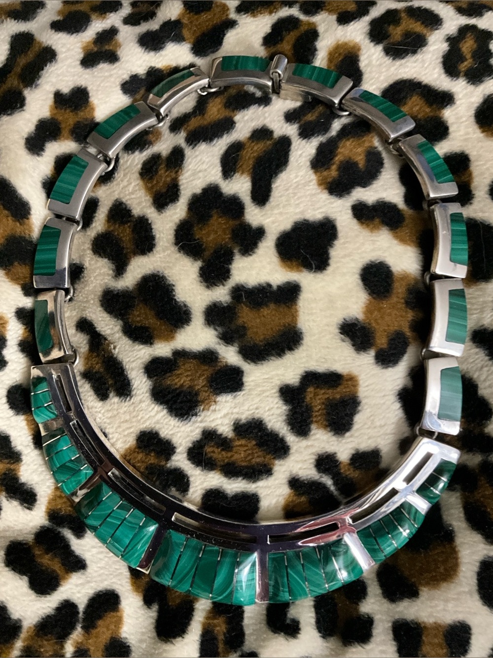 Taxco malachite Inlay 950 Silver-Tone Collar Necklace